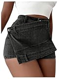 Picture of SHENHE Women's Vintage Mini Denim Skorts Wrap Overlay Irregular Stretchy Cargo Shorts Black L