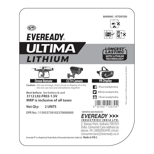 Image of EVEREADY Ultima Lithium AAA Batteries - Pack of 2, 15X Longest Lasting, Anti-Leak Technology, Lightweight for High Performance Devices