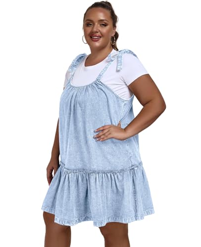Image of Denim Dress for Women Tie Shoulder Sleeveless Denim Mini Dress Casual Flowy Babydoll Dress Wash Jean Dress