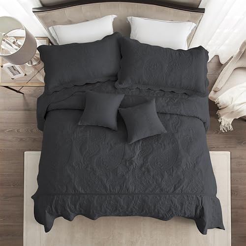 Image of HZ & HY Oversized Queen Bedspread, Stitched Paisley Quilt Set Queen Size, Lightweight Reversible Coverlet, Scalloped Edge - Modern Classic Look, 5 Piece, Dark Grey