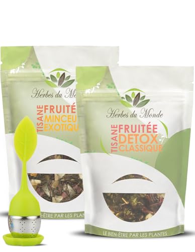 Herbes du Monde - Infusiones frutales DUO para adelgazar y desintoxicar con infusor - Infusiones adelgazantes y desintoxicantes - 2 sobres de 100 g y 1 infusor