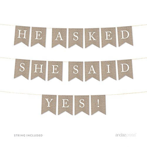 Andaz Press Wedding Hanging Bunting Pennant Party Banner with String, Printed Burlap Cardstock, He Asked She Said Yes, 6-Feet, 1-Set, Includes String, Engagement Bridal Shower Decor Decorations