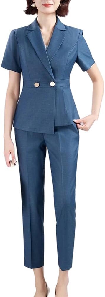 Womens Short Sleeve Professional Suit Set Summer Thin Pants Workwear Outfit for Office Business