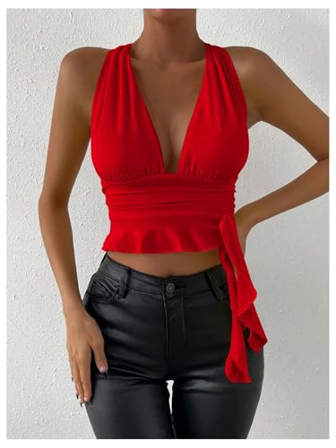 SOLY HUX Women's Sexy Deep V-Neck Halter Crop Top Summer Beach Vacation Clothes Y2K Trendy Tank Top for Going Out Party - Image 4