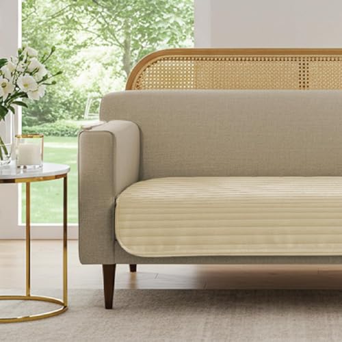 Image of Urban Space 3 Seater Quilted Velvet Sofa Cover Mat, Easy Care & Machine Washable Sofa Cover, Sofa Seat Mat for Couch for Living Space (3 Seater - Velvet Beige)