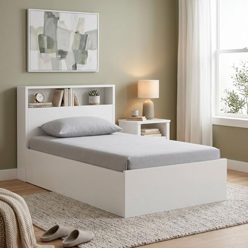 Image of DELITE KOM Single Bed with Box Storage & Headboard Shelf Storage, Urban Engineered Wood Bed, Wooden Bed Frame, 83x37 Inches, Frosty White, 1 Year Warranty, Installation Included