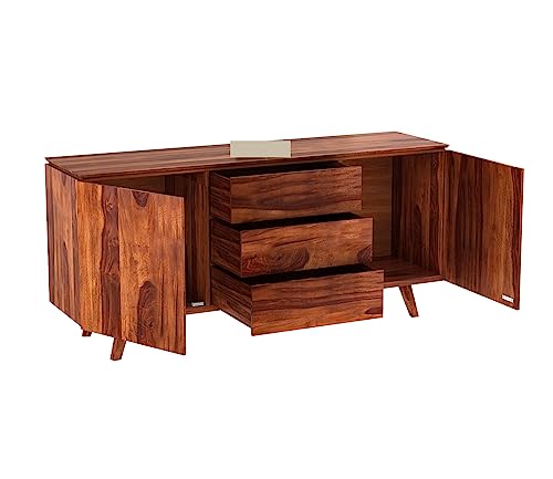 Image of Solid Sheesham Wood Wooden Sideboard Storage Cabinet : Ideal for Living Room and Bedroom with 3 Drawers and 2-Shelf Storage (Honey Finish)