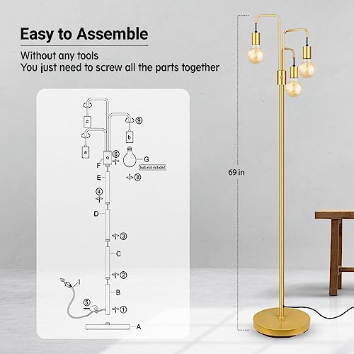 Image of BoostArea Industrial Floor Lamp for Living Room,Gold Modern Standing Lamp Stand Up Lamp with 3 Light, Bulbs Not Included,Simple Design Floor Lamp for Bedroom, Living Room, Office, Kids Room, Reading