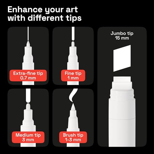 ARTISTRO 5 White Paint Pen for Rock, Glass, Ceramic, Wood, Tire, Fabric, Metal, Canvas, Marking, Painting - Set of 5 Acrylic Paint Markers Water-based - Different Tips