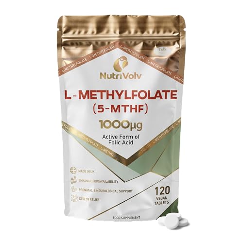 Folate (L-Methylfolate) 1000mcg | 120 Vegan Tablets | 5-MTHF (Vitamin B9) | 4 Months Supply | Active Methylated Form of Folic Acid | One-a-Day | Suitable for Pregnancy Pure Formula | by NutriVolv