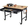 Adjustable Workbench for Garage, 48 x 24 Workbench, 2000 Lbs Capacity, Rubber Wood Workstation w/ 4 Rolling Casters, Heavy Duty Work Table with 2 USB & 4 AC Outlets