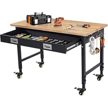 Adjustable Workbench for Garage, 48" x 24" Workbench, 2000 Lbs Capacity, Rubber Wood Workstation w/ 4 Rolling Casters, Heavy Duty Work Table with 2 USB & 4 AC Outlets