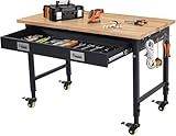 Workbench Adjustable Height 48"x24" (122x51cm) Worktable, Heavy Duty Rubber Wood Top Workbench with Drawer Storage, 2000 Lbs Load Capacity, Mobile Tool Storage Workstation with Power Outlets