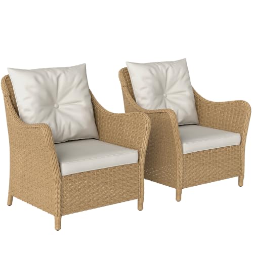 Image of Outsunny Rattan Garden Chairs Set of 2 with Cushions High Back Beige