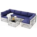 Pamapic 7 Pieces Outdoor Sectional Set, All-Weather PE Rattan Patio Conversation Set, Wicker Patio Furniture Set with Washable Cushions Covers and Coffee Table, Gray Rattan, Navy Blue Cushion