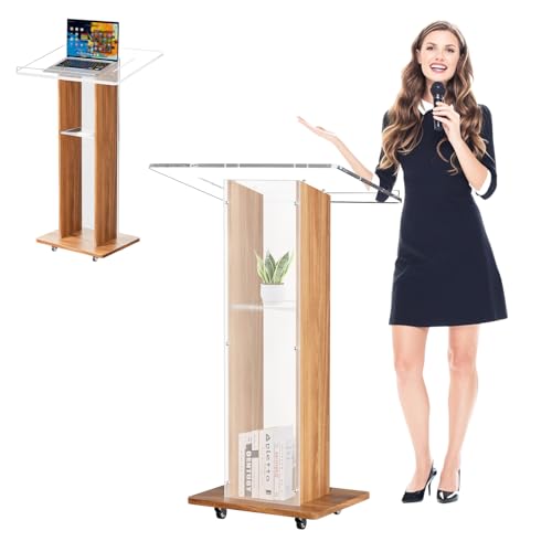 Acrylic Podium with Wooden Frame, Frosted Modern Transparent Acrylic Podium - Double Shelf Presentation Stand for Church, Classroom, Conference, Wedding, and Events