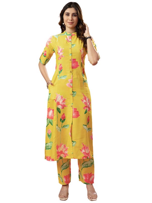 sun fashion and lifestyle Women's Rayon Stitched Aline Cut Printed Round Neck Kurta With Pant For Women (KP29_Yellowv1)-picture-39