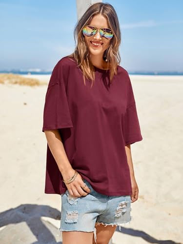 Image of Tankaneo Womens Oversized Tshirts Summer Casual Short Sleeve Crew Neck T Shirt Loose Fit Side Slit Tee Tops