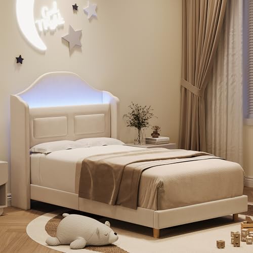 GarveeHome Twin Bed Frame for Kids, Upholstered Velvet Princess Platform Bed for Boys/Girls with Wingback, Bookcase Headboard & LED Lights, No Box Spring Needed, Noise-Free, Easy Assembly, Beige