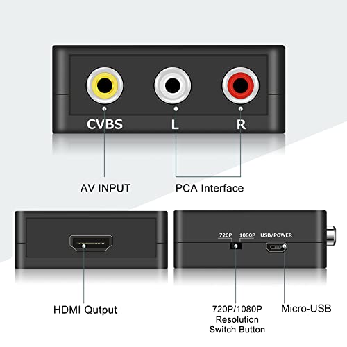 Rca To Hdmi Converter, Runbod Av2Hdmi 1080P Rca Composite Cvbs Av To Hdmi Video Audio Converter Box For Ps2 Wii Xbox Vhs Vcr Camera Dvd Players, Support Pal/Ntsc With Usb Charge Cable (Black) #TOP1