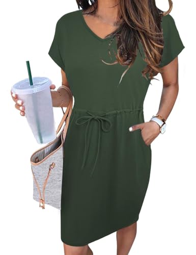 Womens Summer Dresses 2025 Casual Tie Front Short Sleeve A Line Midi Shirt Dress Beach Vacation Clothes2