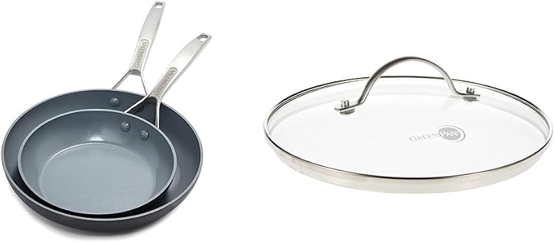 GreenPan Paris Pro Hard Anodized Healthy Ceramic Nonstick, 8" and 10" Frying pan Skillet Set, PFAS-Free, Dishwasher Safe, Grey & Glass Lid with Stainless Steel Handle, 8"