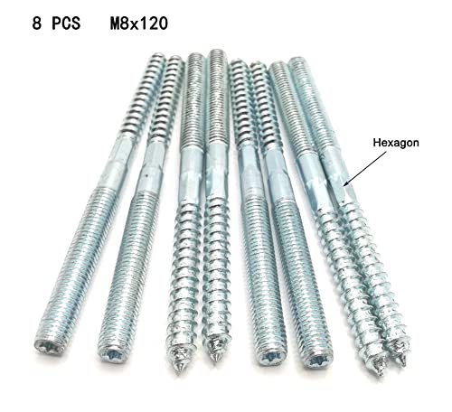 Image of Hanger Bolt M8x120 Silvery Double Headed Bolt Self-Tapping Screw with Hexagon for Furniture 8Pcs