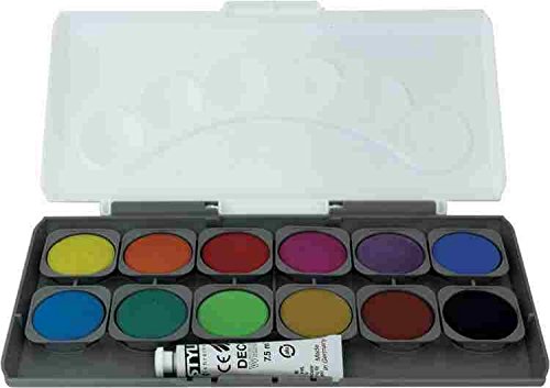 Stylex Deckfarbkasten mit 12 Farben und Mischfeldern, 23x12x2,5 cm