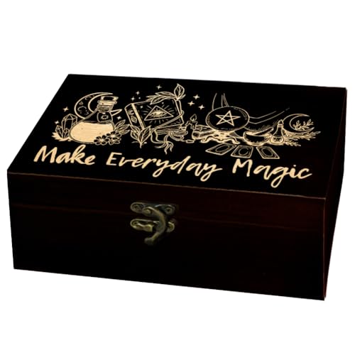 Image of arricraft 1 Pc Wooden Memory Keepsake Box, Moon Flowers Grimoires Crystal Balls Tarot Cards Engraved Pattern Rectangle Pine Tarot Box for Anniversary Jewelry Board Storage (9.45x5.51x3.54 Inch)