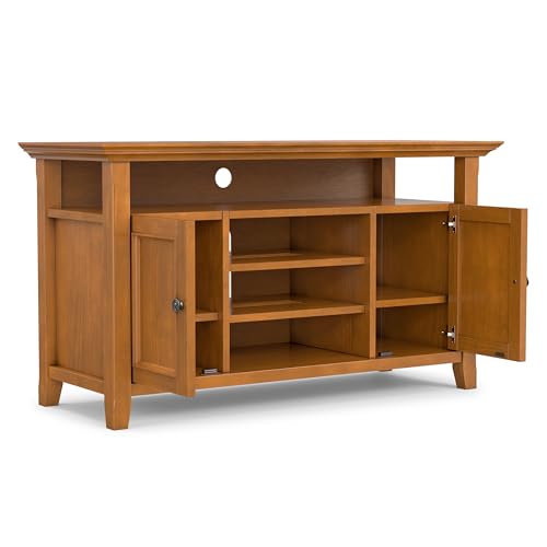 Image of SIMPLIHOME Amherst 54 inch Wide Solid Wood TV Stand in Light Golden Brown