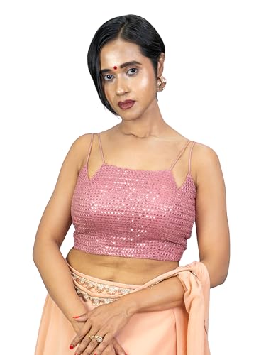Image of FIGURE'S DESIGNER Women's Spagehtti Neck Strap Sequin Embroidered Sleeveless Readymade Saree Blouse E22