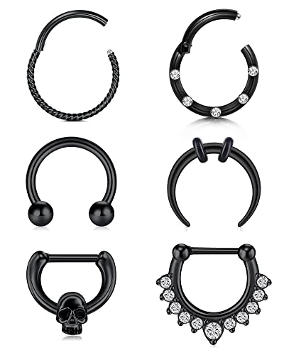 Longita 16G Septum Piercing Chirurgenstahl Hinged Clicker Ring Nasen Septum Piercing Helix Knorpel Ohrpiercing Hufeisen Piercing Schwarz 6 Stück Cover