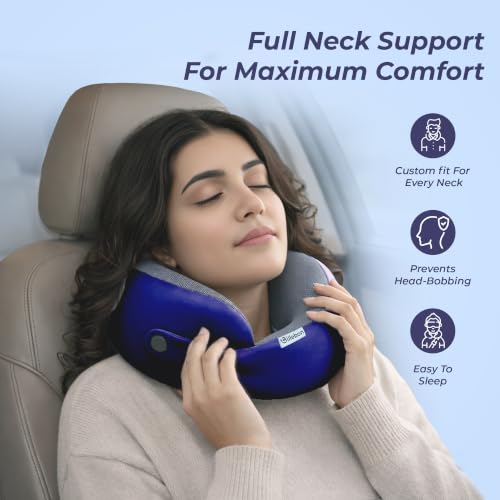Image of Billebon Memory Foam Neck Pillow with Cooling Gel, Snake Shape Travel Pillow with Snap Button, Neck Rest for Travelling & Flight Travel, Ergonomic Support for Comfort & Pain Relief (Navy Blue)