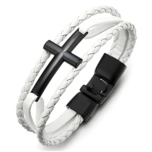COOLSTEELANDBEYOND Schwarz Horizontalen Seite Seitlich Kreuz DREI Reihen Weiß Geflochtene Lederarmband für Herren Damen