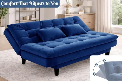 Image of Velvet Fabric Wooden 3-Seater Apsen Sofa Bed with Tufted Couch with Adjustable Backrest- Living Room Furniture-Blue-Color