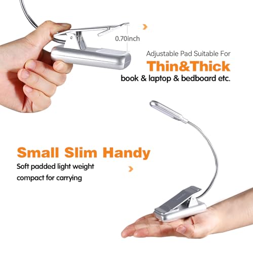 Image of VAVOFO Rechargeable Book Light for Reading in Bed Kids, 7 LED Reading Light with 9-Level Warm Cool White Daylight, Eye Care Lamp with Power Indicator for Bookworms (Silver)