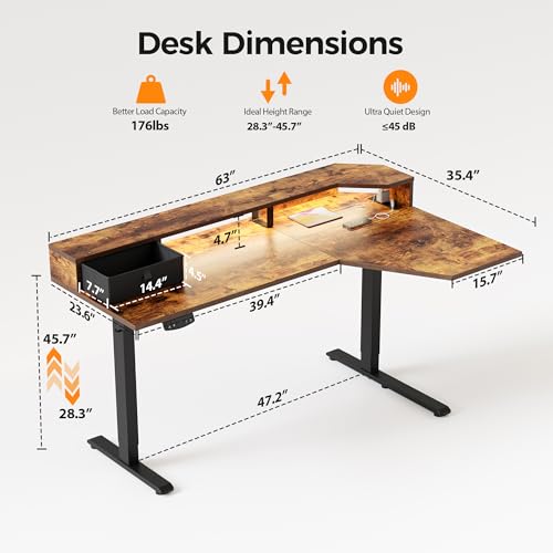 Image of Agilestic 63 Inch L Shaped Electric Standing Desk with Shelf, Height Adjustable Large Desk with Power Outlets & LED, Corner Sit Stand Up Table with Monitor Stand, Computer Workstation, Rustic Brown