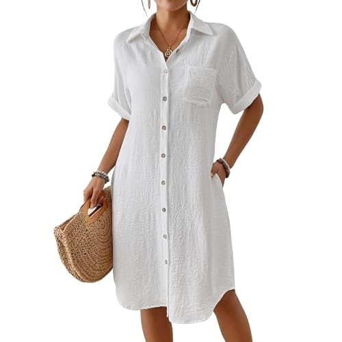 Bsubseach Womens Swimsuit Coverup Long Button Down Bathing Suit Cover Ups Short Sleeve Summer Beach Shirt Dress with Pockets White XX-Large