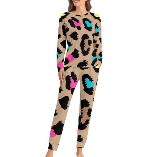 Ensemble pyjama femme léopard t-shirt manches longues pantalon vêtement de nuit
