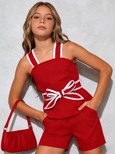Image of Cakaner Tween Girls 2 Piece Outfit Set Summer Tank Top and Elastic Waist Shorts with Belt Size 7-14