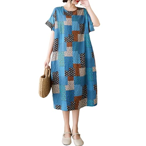 Image of LUZU JUNU Women's Summer Baggy Plus Size Loose Cotton Linen Long Boho Beach Dress with Pockets