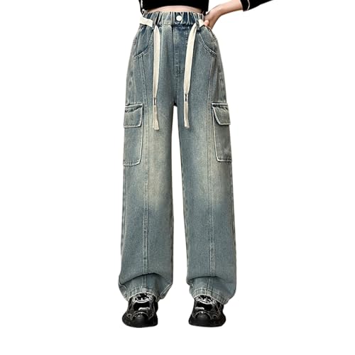 Girls Straight Leg Jeans Elastic Waistband Denim Pants Streetwear Teens Cargo Pants with Flip Pockets
