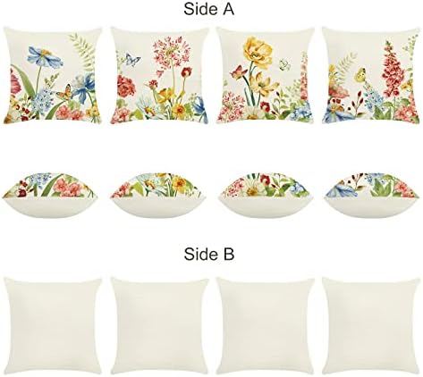 Bonhause Spring Floral Cushion Covers 45 x 45 cm Garden Flower Decorative Throw Pillow Covers Polyester Linen Pillowcases for Sofa Couch Garden Patio Decor Set of 4, 18 x 18 Inch
