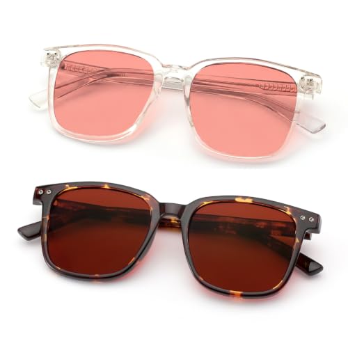 MOAROMAS Two Pack FL 41 Pink Indoor and FL41-SUN Outdoor 85% Tinted Professional for Outdoor Migraine Light Sensitivity Glasses for Fluorescent LED Glare, Photophobia and Concussion
