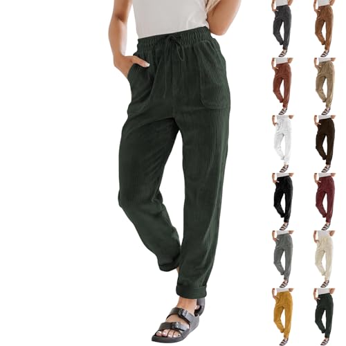 Corduroy Pants Women Trendy Casual Elastic High Waist Straight Leg Pants Loose Comfy Drawstring Pants with Pockets