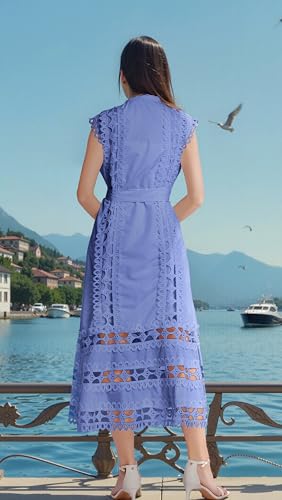 Image of LAI MENG FIVE CATS Women's Sleeveless Hollow Out Lace Button Up Casual Midi Party Dress with Belt