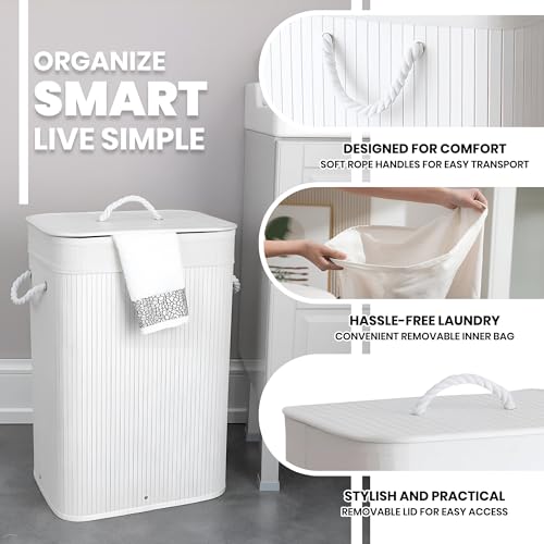 Image of iBELL White Foldable 72 Litre Square Bamboo Laundry Basket with Lid | Travel Essential cloth basket | Solid Laundry Basket | Toy storage organiser |(35.5L x 35.5W x 57H)