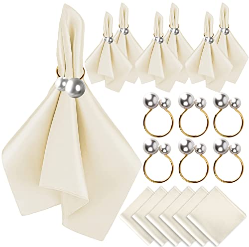 Vijiv 12 Pack Cloth Napkins And Gold Napkin Rings Set Of 6, 17X17 Square Satin Dinner Table Napkins Personalized Napkins Cocktail Napkins Bridal Shower Napkins For Wedding Reception Party Decorative #TOP30