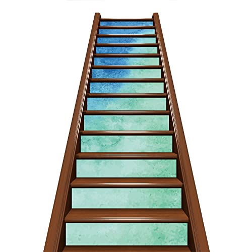 Aqua-Ombre Pattern Self Adhesive Stair Stickers, Peel And Stick Vinyl Stair Risers Staircase Murals Decals Sticker Decor For Steps,7.1"X39.4"X13Pcs, Sea Blue And Mint Green #TOP1