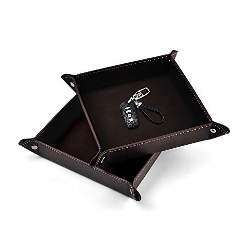 Oirlv Premium Leather Valet Tray for Men Jewelry Organizer, Desktop Storage,Key Wallets Cell Phones Catchall Tray Nightstand or Dresser Organizer Plate (Coffee)